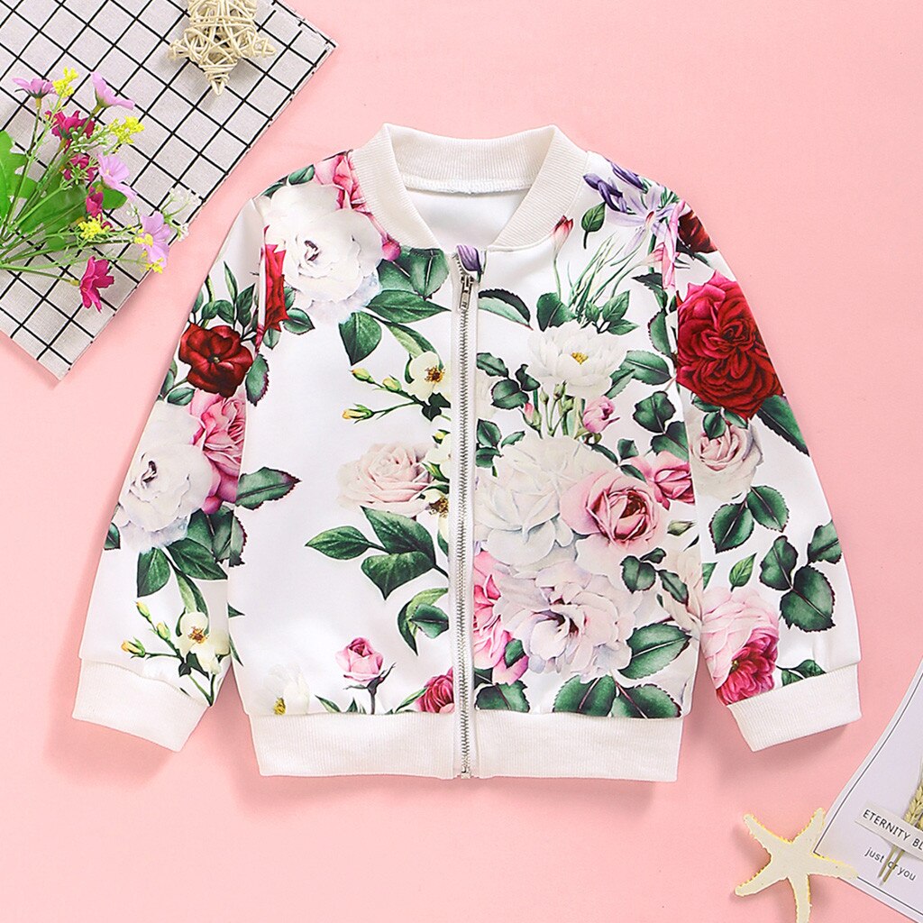 Della Ragazza di modo Giubbotti 2019 Bambini di Fiore di Stampa A Maniche Lunghe Cappotto Della Chiusura Lampo Giacca A Vento Felpe Per Le Ragazze Dei Bambini del Rivestimento di Autunno