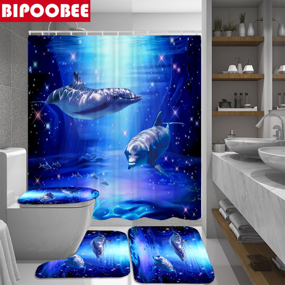 Deep Ocean Dolphin stampa 3D tende da doccia in tessuto impermeabile Set tenda da bagno copriwater tappetino antiscivolo tappeto decorazioni per la casa: 4 PCS