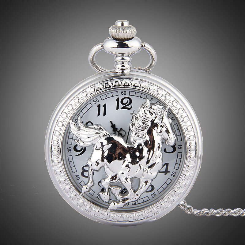 Springhäst fickur topp vintage steampunk kvarts fickur silver springhäst mönster klassisk klockkedja