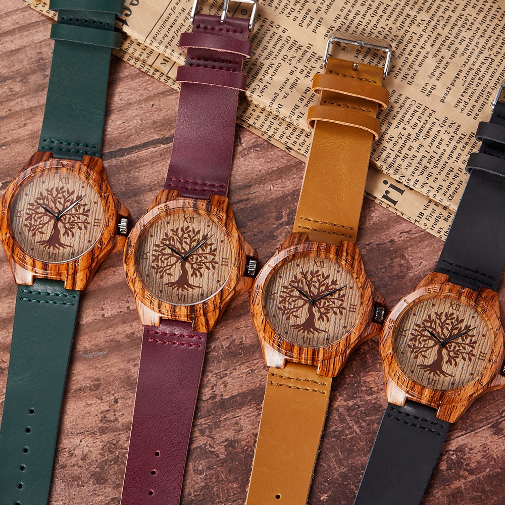 Montre-bracelet Imitation bois pour hommes et femmes, montre à Quartz, Imitation arbre de vie, bracelet en cuir souple