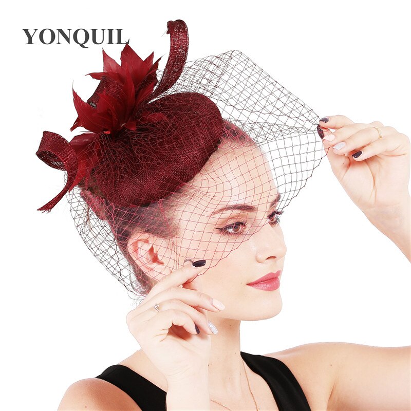 4- lags sinamay bruden bryllup fascinator lue mesh hodeplagg lin ekteskap lue kvinner garn hår tilbehør