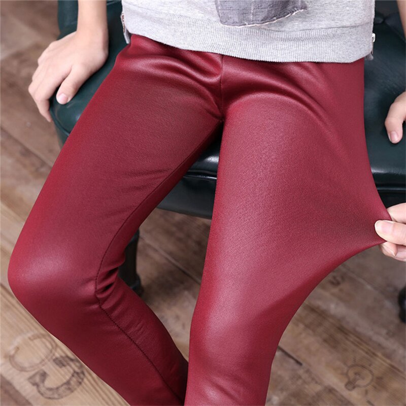 Tjejer faux pu tjocka fleeceleggings tjejer barn resår i midjan varmt läder tjejer söta svarta röda barn barn snygga leggings