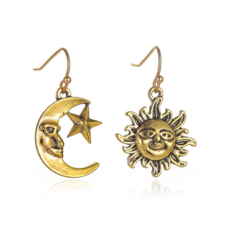 LATS-pendientes colgantes de sol y luna para mujer, aretes asimétricos abstractos de estrella, aretes huecos cortos, joyería de: Cobalto Chapado en
