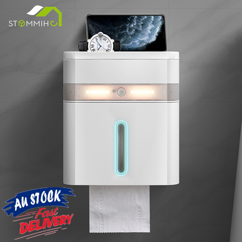 STOMMIHO Wall Mounted Toilet Paper Holder With Smart Sensor LED Lighting Waterproof Large Capacity Bathroom Tissue Storage Box