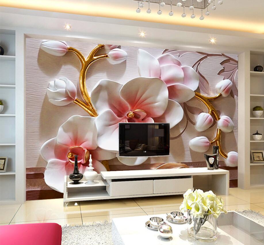 CJSIR 3d papel tapiz murales personalizados sala de estar dormitorio decoración del hogar 3D mariposa orquídea relieve Floral murales de pintura decorativa