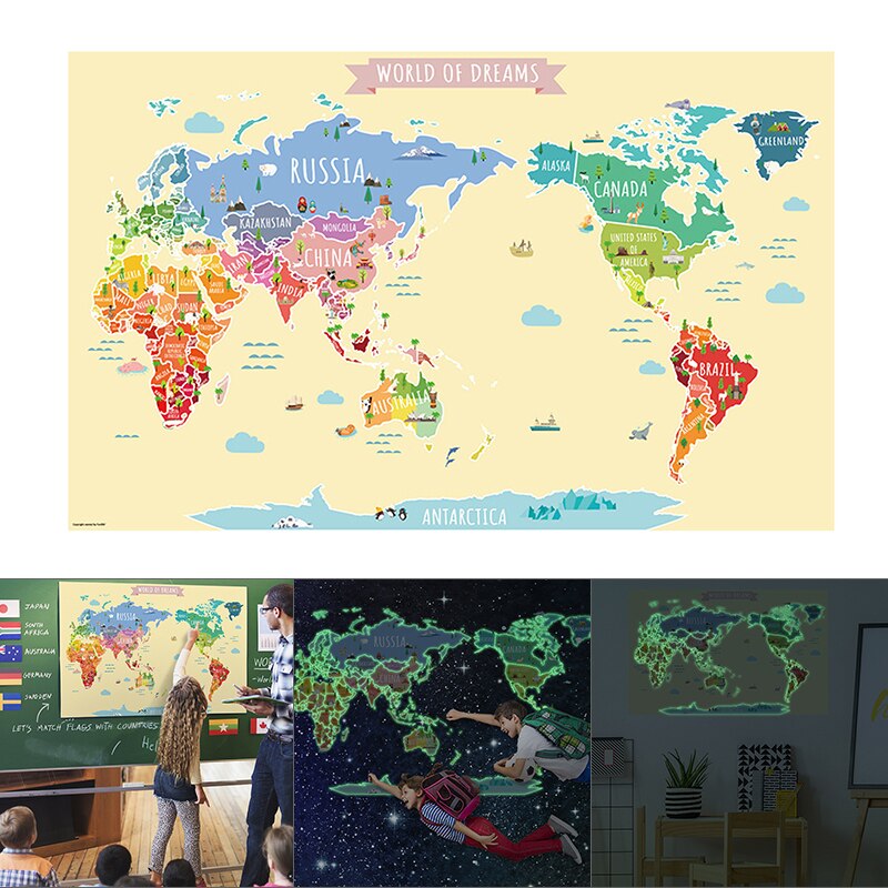 Newes Luminous World Maps for Wall Removable Adhesive Wall Stickers for Kids Nursery Bedroom Living Room Wall Arts Decor