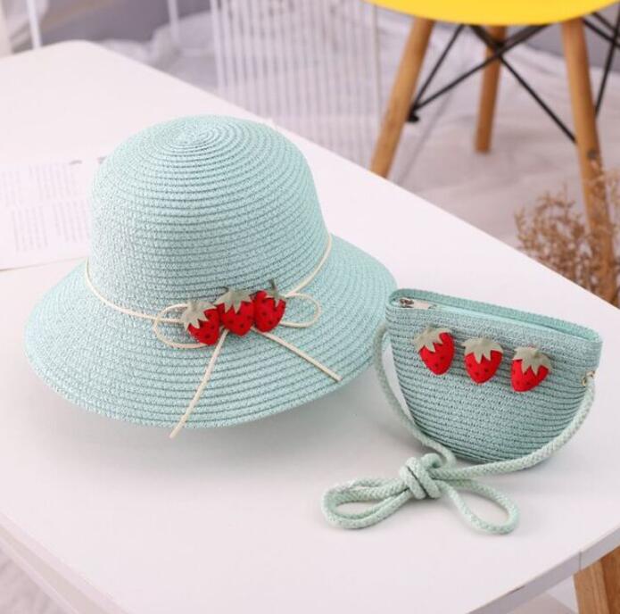 bonnet bebe fille Ensemble chapeau et sac en paille ondulé à la fraise pour fille, 2 pièces, accessoires de protection solaire pour enfants de 3 à 8 ans, printemps et été: 2Pcs-Green