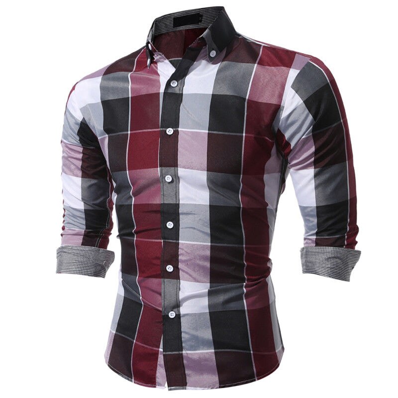 Men Slim Fit Shirts Long Sleeve Cotton Plaid Tee Shirts Casual Chemise Homme Mens Checkered Casual Handsome Men Blouse: Red / XXL