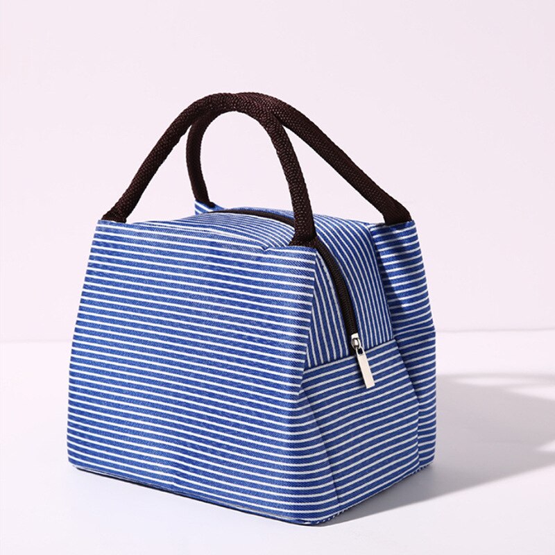 Freizeit Frauen Tragbare Mittagessen Tasche Leinwand Streifen Isolierte Kühltaschen Thermische Lebensmittel Picknick Mittagessen Taschen freundlicher Mittagessen Kasten Tasche Tote: Blau