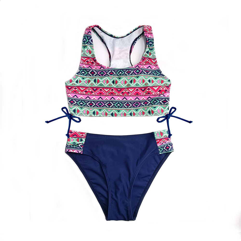 SHEKINI Girls Racerback Print Swimwear Ruched Tie Side Teenage Girls Bikini Set Bathing Suit Two Piece Swimsuits Teen Beachwear: Retro Pattern-FG / 10-12