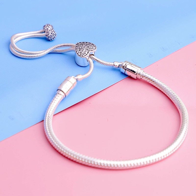 Original Moments Pave Heart Clasp Snake Chain Slider Bracelet Bangle Fit 925 Sterling Silver Bracelet Bead Charm Europe Jewelry