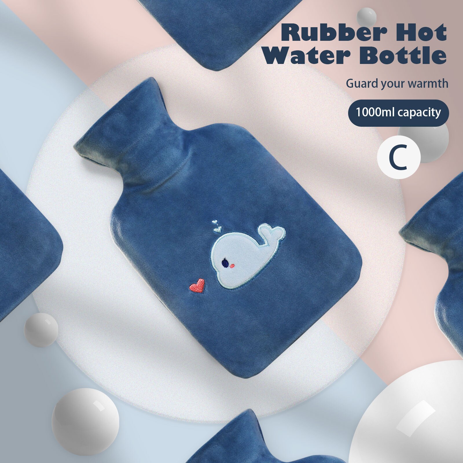 1000ml Rubber Water Bottle with Plush Cartoon Cute Cover Warm Water Bag Hand Stomach Waist Warmer for Home Classroom Office