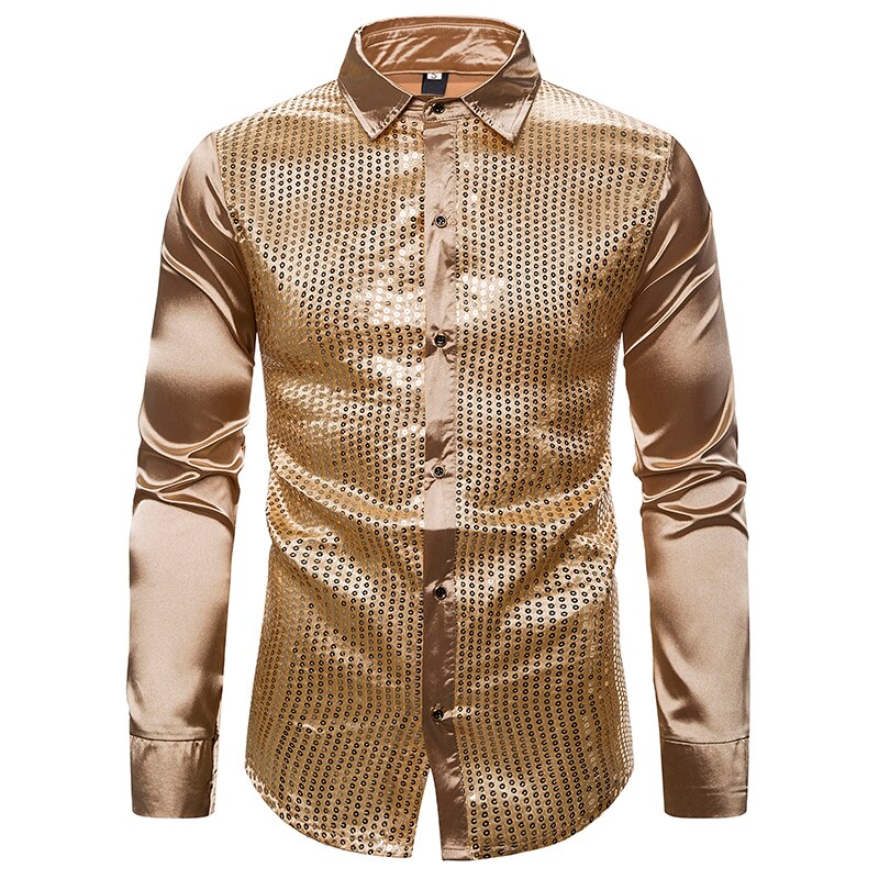 Chemise à manches longues pour hommes en soie dorée, en paillettes, robe Disco brillante, pour les soirées en boîte de nuit, bal Hip Hop, Streetwear, modèle chemises décontractées