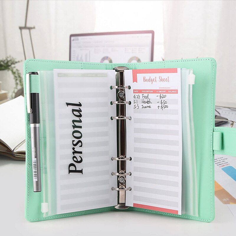 Budget Binder, A6 PU Leather Notebook Planner Organizer Refillable 6 Ring Binder Cover Letter Sticker Labels