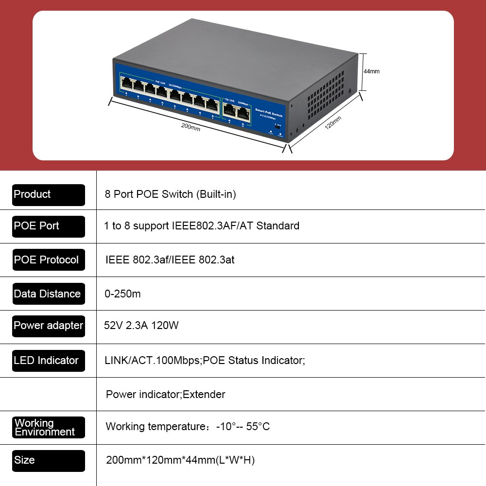 10Port POE Ethernet Switch 52V VLAN 10/100Mbps IEEE 802.3 Af/at Standard Network Switch for CCTV IP Camera Wireless AP 250M