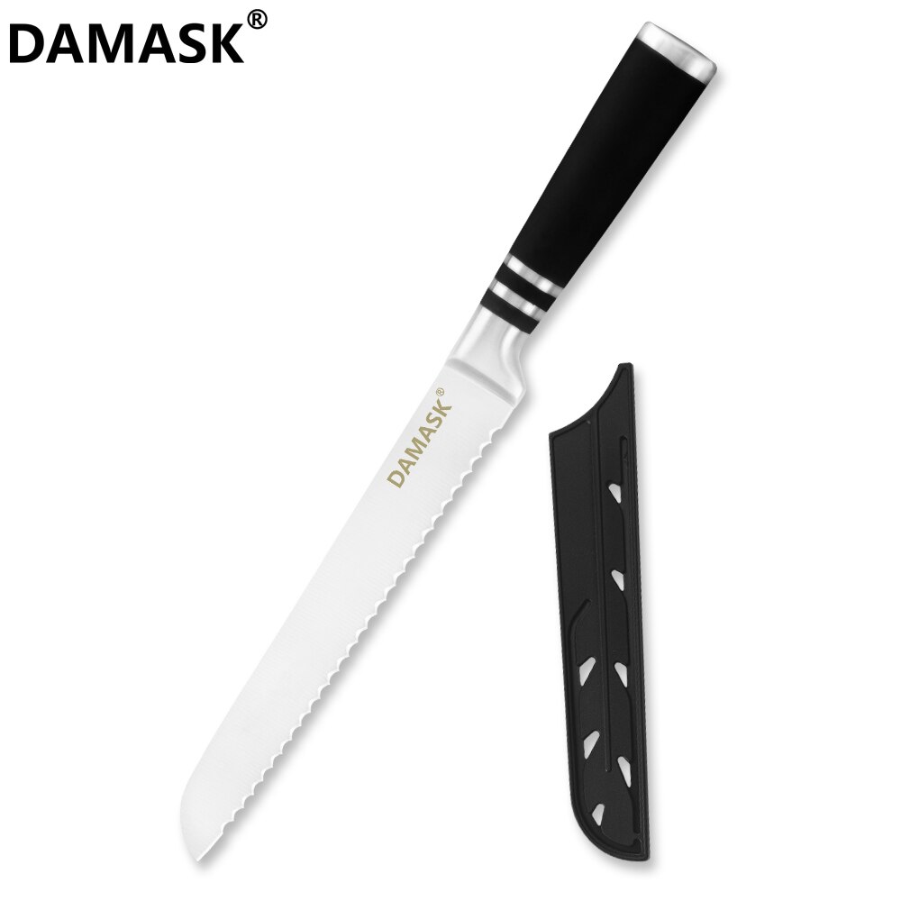 Damask mærke 3 cr 14 rustfrit stål køkkenknive sæt 430 greb knive med gratis knive dæksler: 8 tommer brødkniv