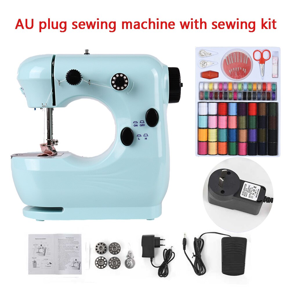 Sewing Machine Mini Portable Household Small With Night Light Pedal Electric Set Multifunctional Handicraft Repair Beginner Blue: AU plug with kit