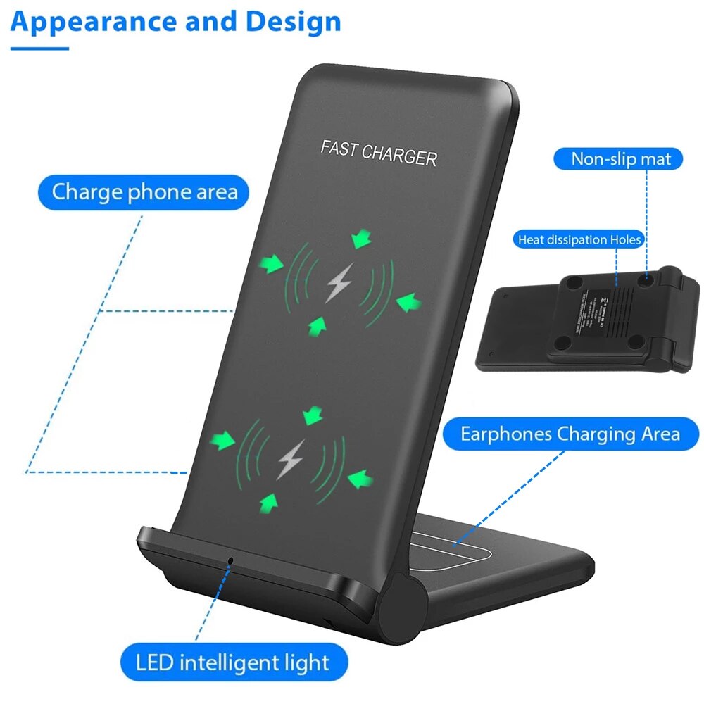 20W Fast Qi Wireless Charger 2 in 1 Induction Charging Stand For Samsung S10 S20 S21 For iPhone 13 12 11 XS XR X 8 Airpods Pro