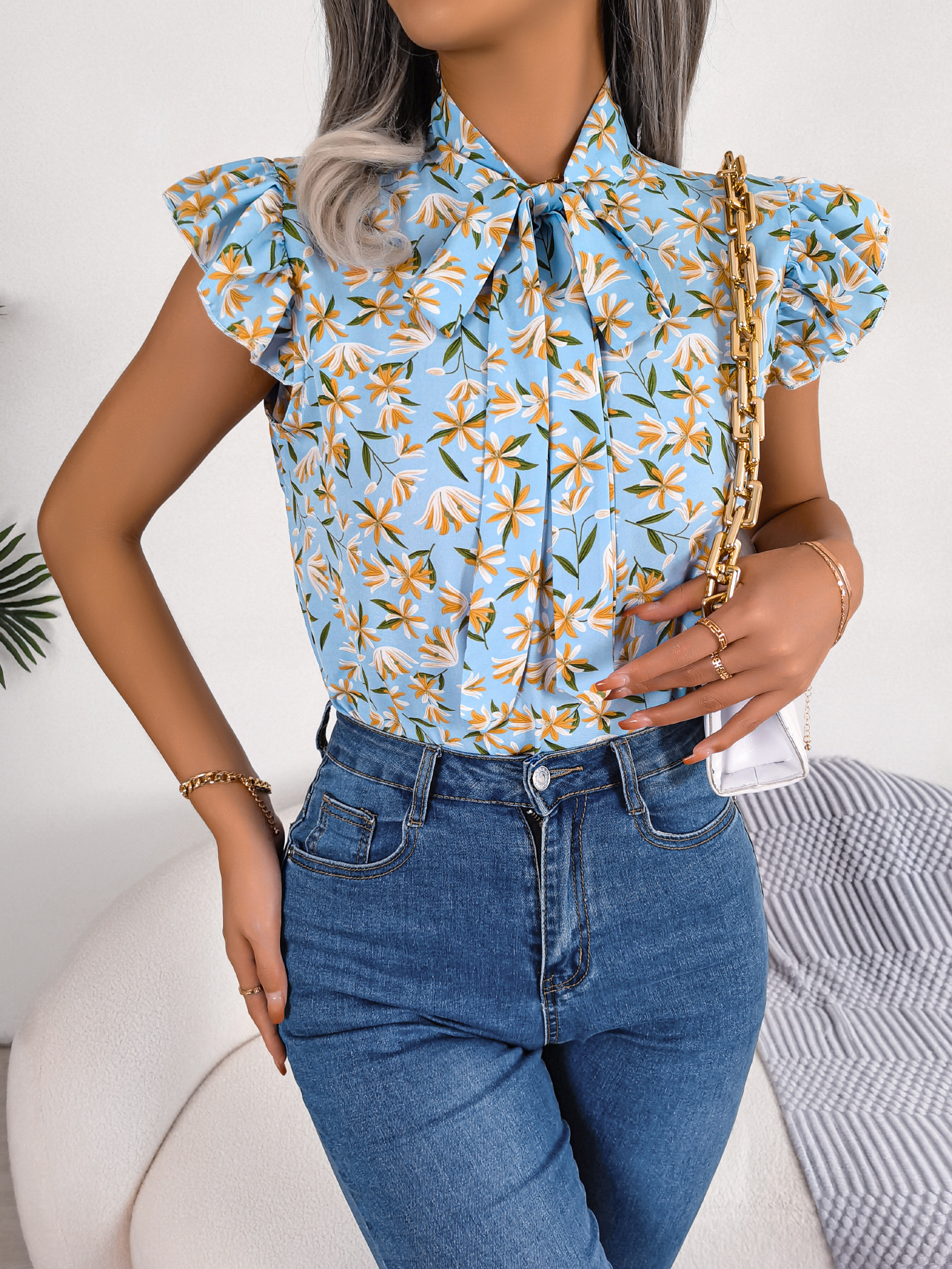 Blusa informal con estampado Floral para mujer, blusa de gasa con volantes y lazo, Top de verano