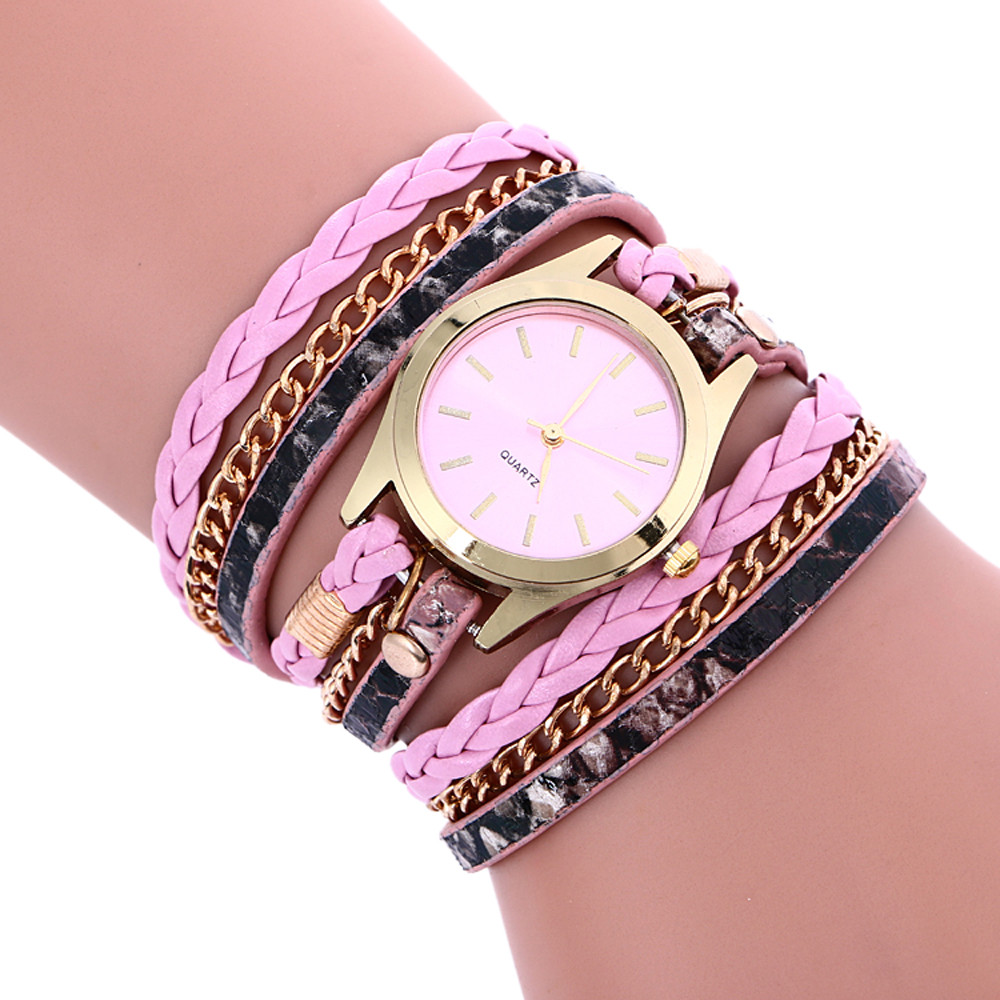 Bohemian Style Lederen Band Weave Armband Horloge Casual Dames Quartz Horloge Armband Montre Femme Rejoj Mujer # L0: Roze