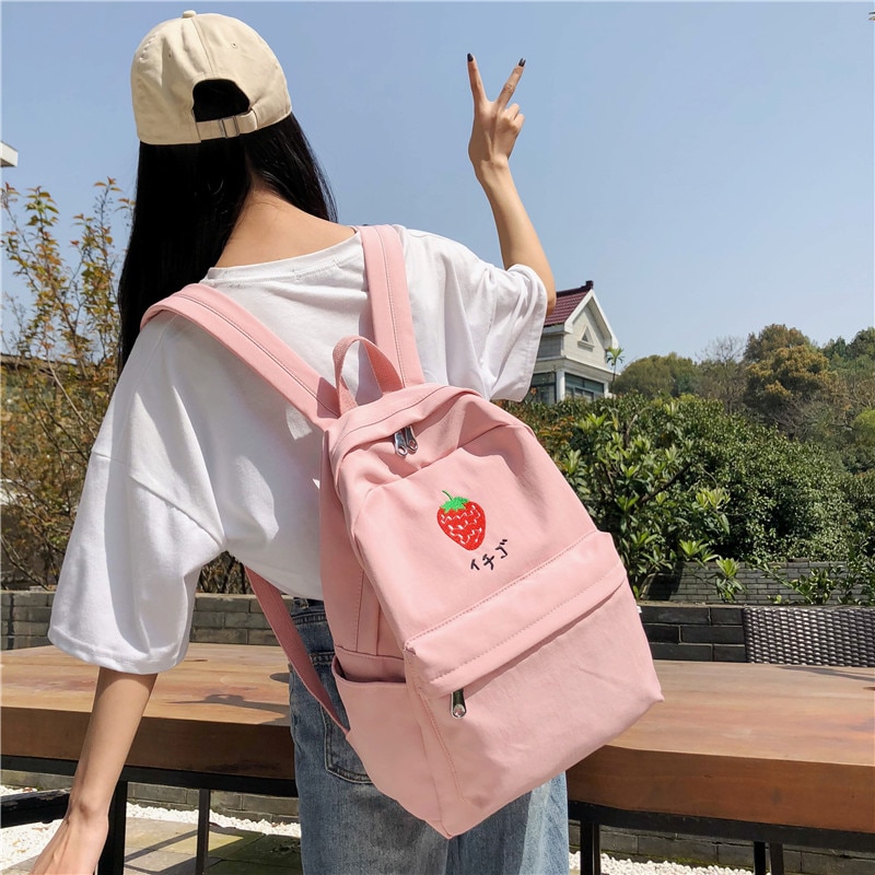 Menghuo Large Capacity Casual Waterproof Nylon Women Backpack Cute Cartoon Fruit Embroidery Girl Preppy School Backpack Mochilas