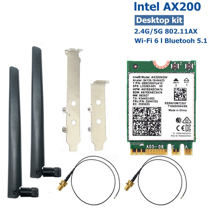 Dual band 2.4Gbps 802.11ax Wi-Fi 6 Desktop Kit Intel- AX200 Bluetooth 5.1 Wifi Card 2.4G/5Ghz MU-MIMO AX200NGW Adapter Antenna