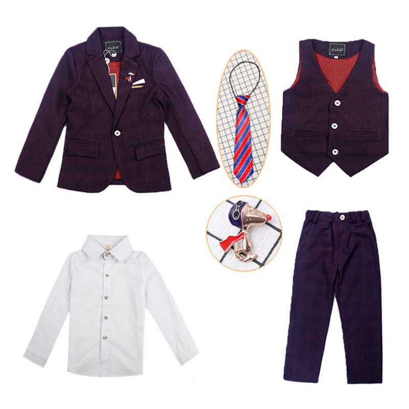 Formal Wedding Boys Suits 4 Pieces Dress Children Costume Tuxedo Kids Party Wear Clothes Gentlemen Teenage Ceremony School Sets: Purple / 3T