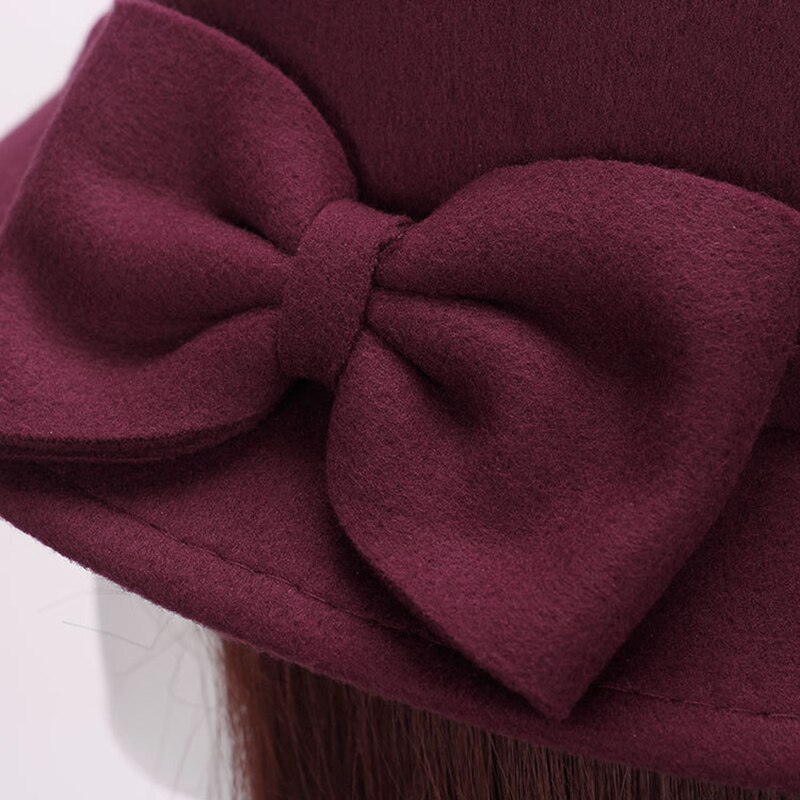 Herbst Winter Frauen Hütte Solide Wolle Filz Kuppel Fedoras Hüte Jahrgang Bogen Eimer Hütte Damen Kappe chapeau femme шляпа