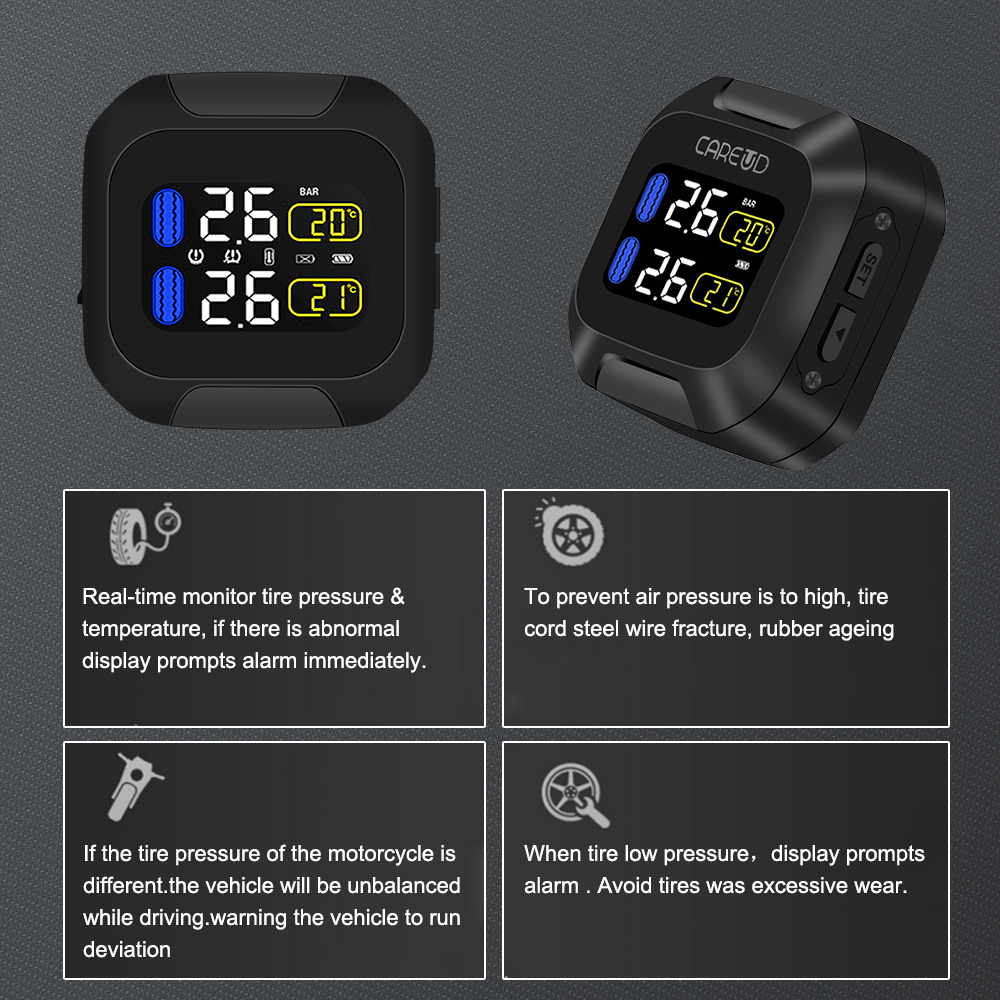 Sistema de monitoramento de pressão dos pneus de moto tpms, carregador usb, alarme de temperatura do pneu 2 sensores internos externos th/wi