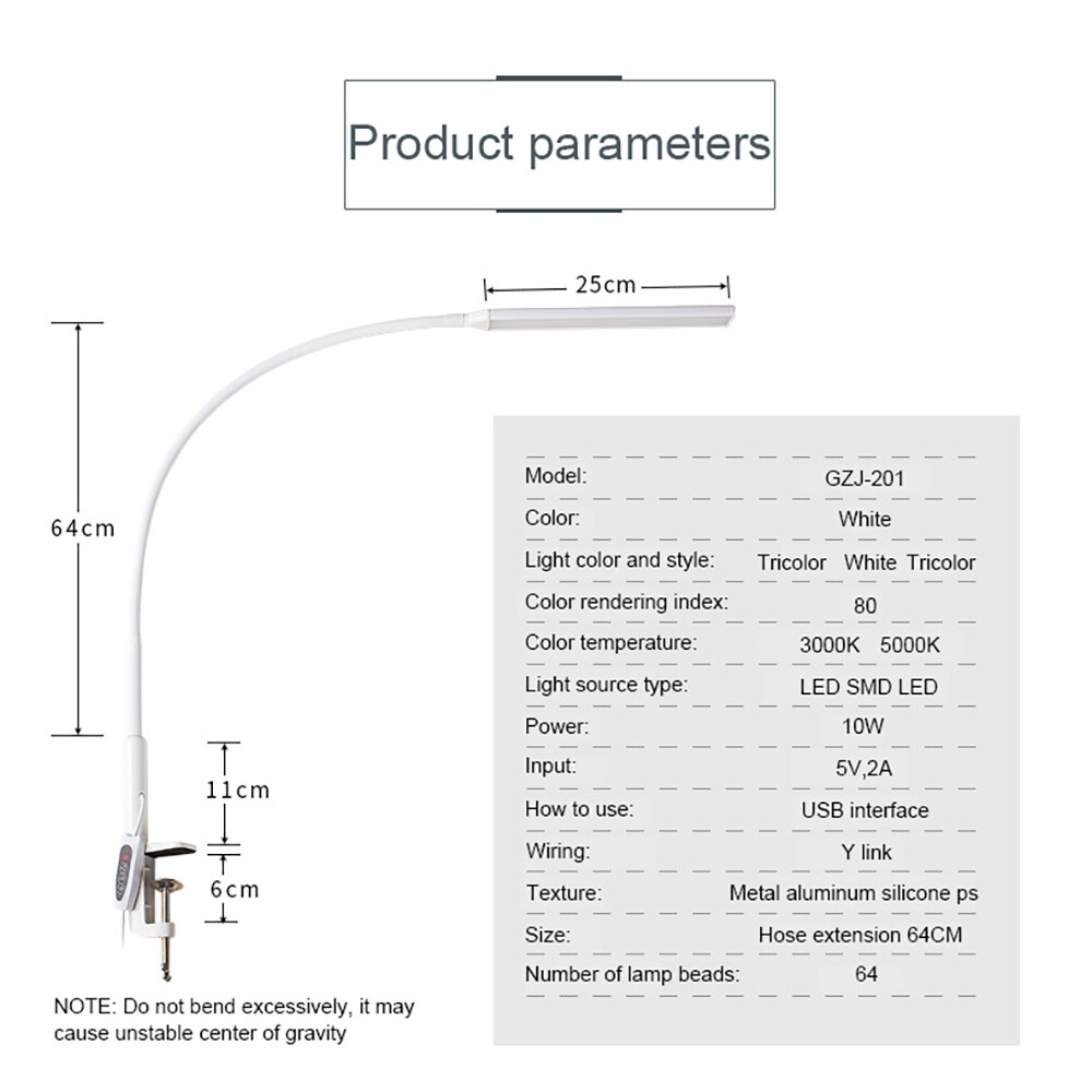 Long Arm Led Desk Lamp 10W Clip Flexible Table Lamp Adjustable Brightness&Color Eye Protection For Bedroom Reading Study Office