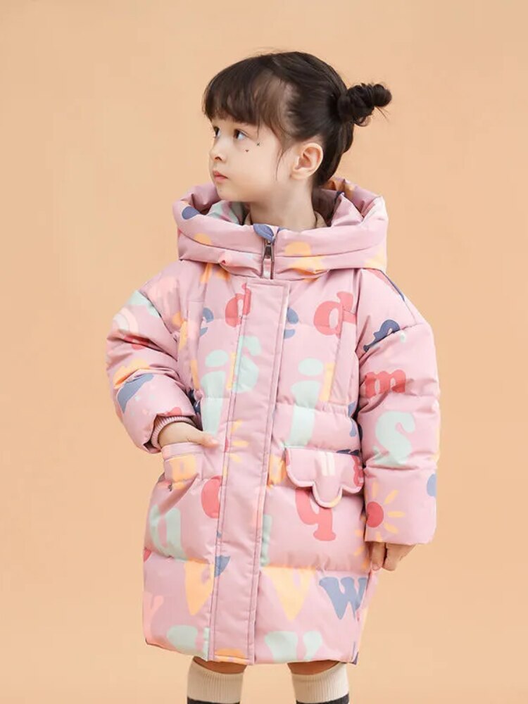 Korean Graffiti Cotton-padded Jacket Baby Girls Mid-length Thick Warm Cotton Jacket Winter Printed Letters Windproof Parkas: Pink / 140cm