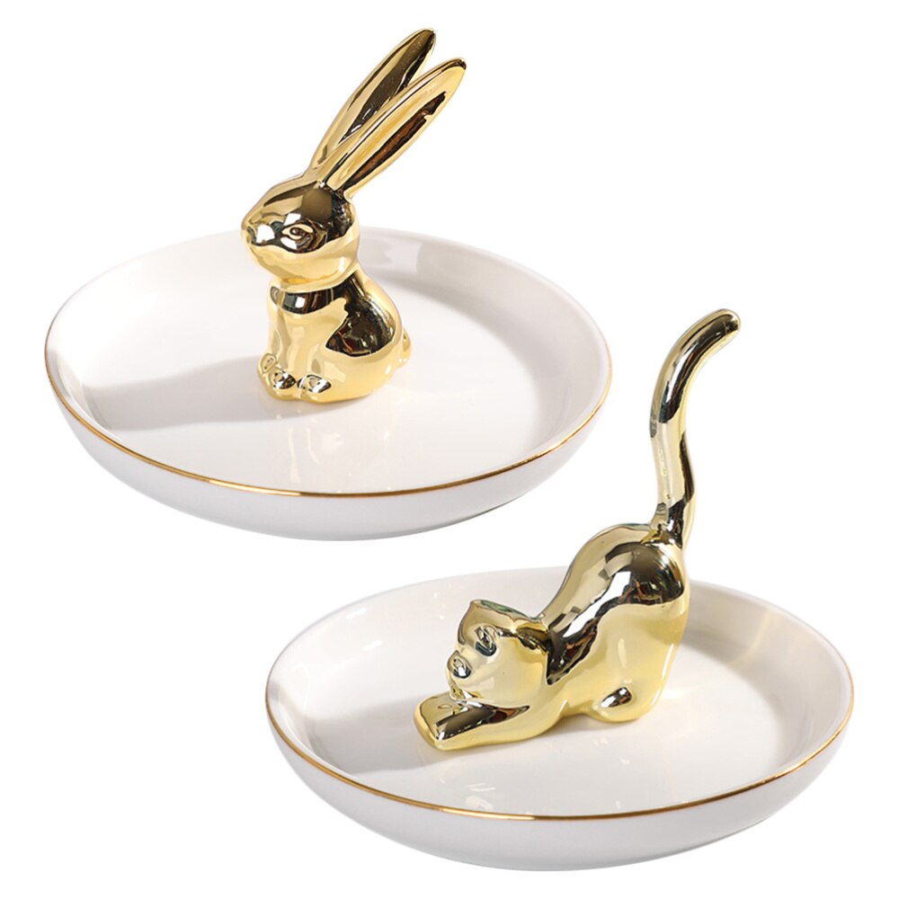 2pcs Ceramic Display Storage Plates Jewelry Storage Trays for Home (Golden)