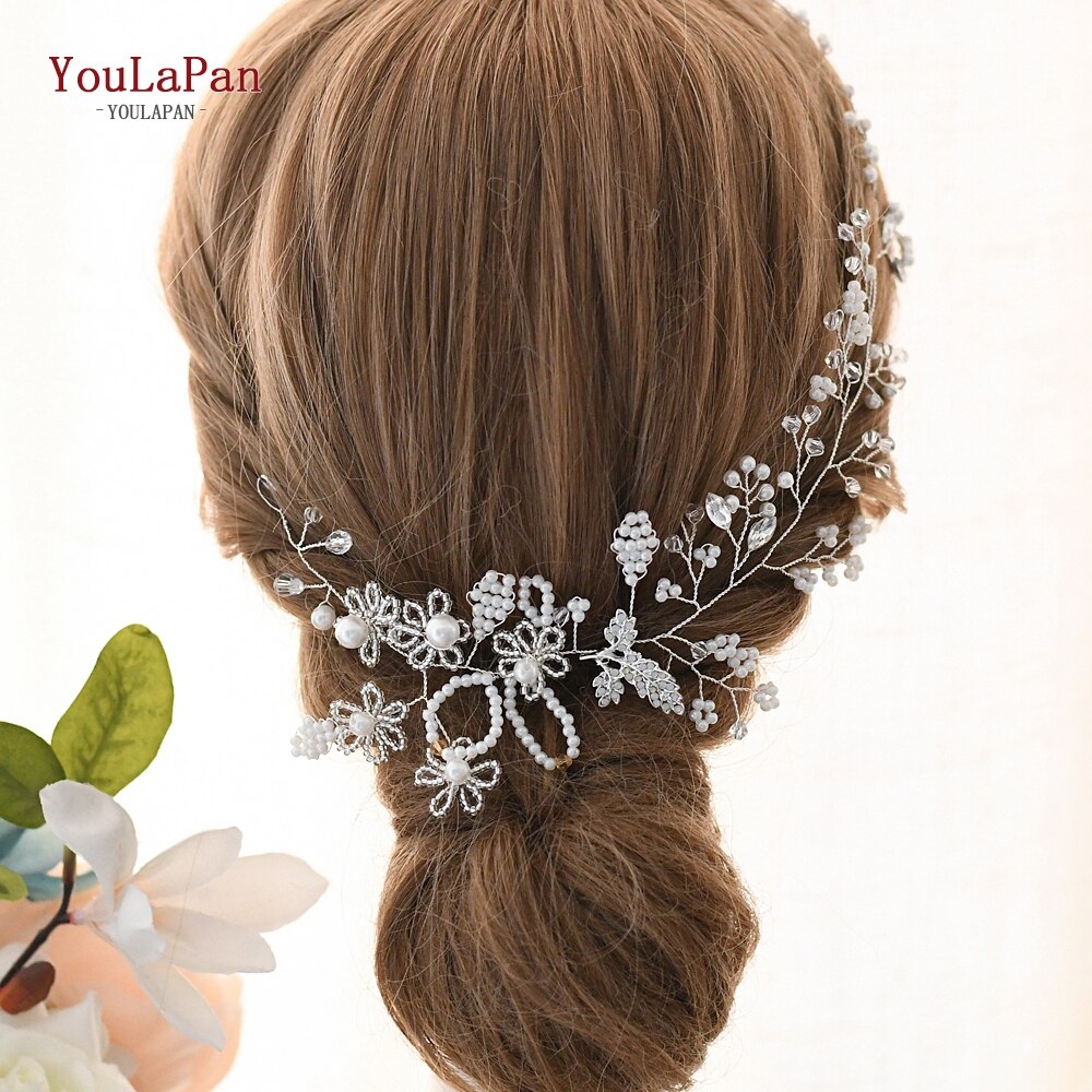 Extensiones de pelo de novia Vintage TOPQUEEN, diadema de perlas de plata para boda, diadema de cristal para novia HP07