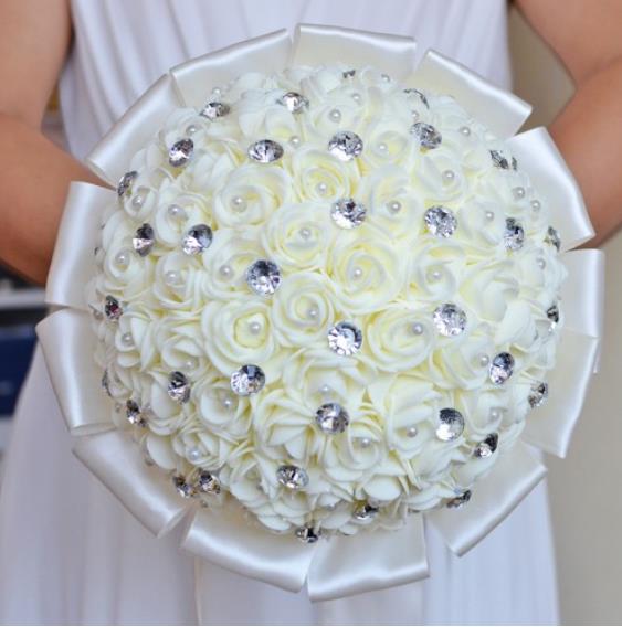 Ramo de flores artificiales para dama de honor, hermoso ramo de flores de boda, blanco, marfil, azul, rojo, cristal, ramos de novia: 01