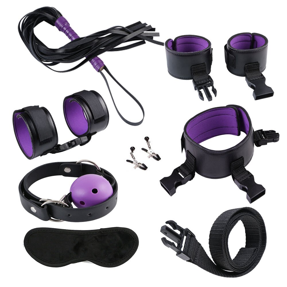 28 stks/set Vrouwen Mannen Speeltjes voor BDSM Spel Handboeien zweep touw Anale plug Mond plug Vibrator Erotische Accessoires Bondage set: purple 7pcs