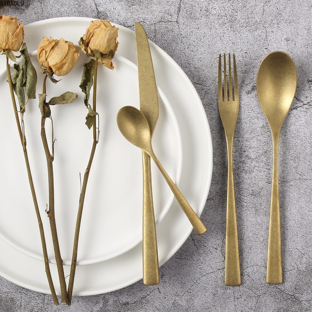 4 stk/sett retro bestikk middagssett gammelt servise 304 rustfritt stål gullgaffel skje kniv sett bestikk servise restaurant