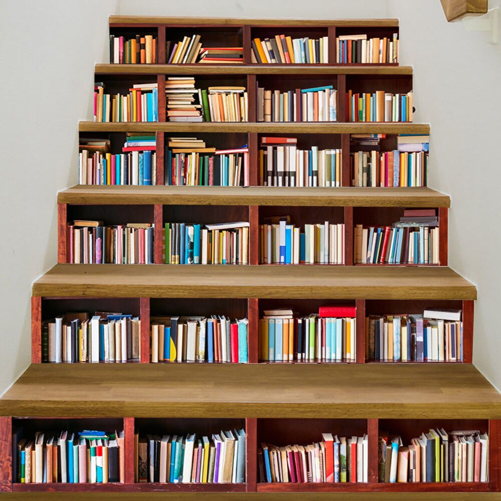 6 teile/satz Bibliothek Treppen Aufkleber Bücherregal Stairscase Dekoration Tapete Selbst Klebe Bücherregal DIY Fliesen Decals Für Lustige Leben