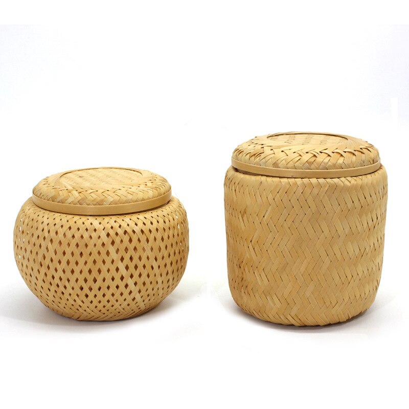 Hand Weaving Tubular Small Bamboo Basket Bamboo Snack Can with Cover Tea Egg Storage Woven Basket Bamboo Crafts