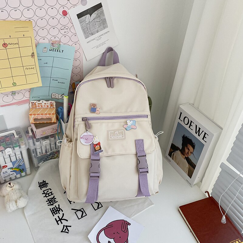 DCIMOR Preppy Style Buckle Student Backpack Contrast Color Zipper Waterproof Nylon Women Backpack Female Lovely Travel Bagpack: beige / With badge