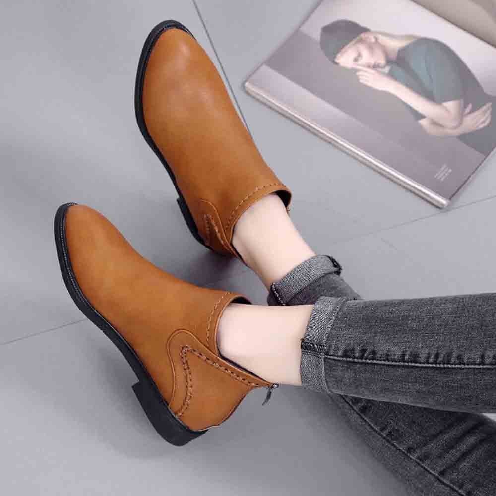 Bottes en cuir PU pour femmes, chaussures quotidiennes à talon carré, fermeture éclair, respirantes, confortables, à bout pointu, rétro, automne