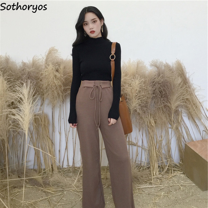 Women Sets Winter Turtleneck Elastic Solid All-match Korean Style Clothes Loose Drawstring Trousers Womens Two Piece Set