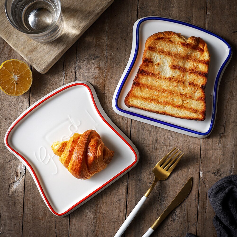 1PC Square Embossed Ceramic Plate Breakfast Toast Plate Fruit Bread Display Cake Tray Salad Plate Kid's Kitchen Tableware