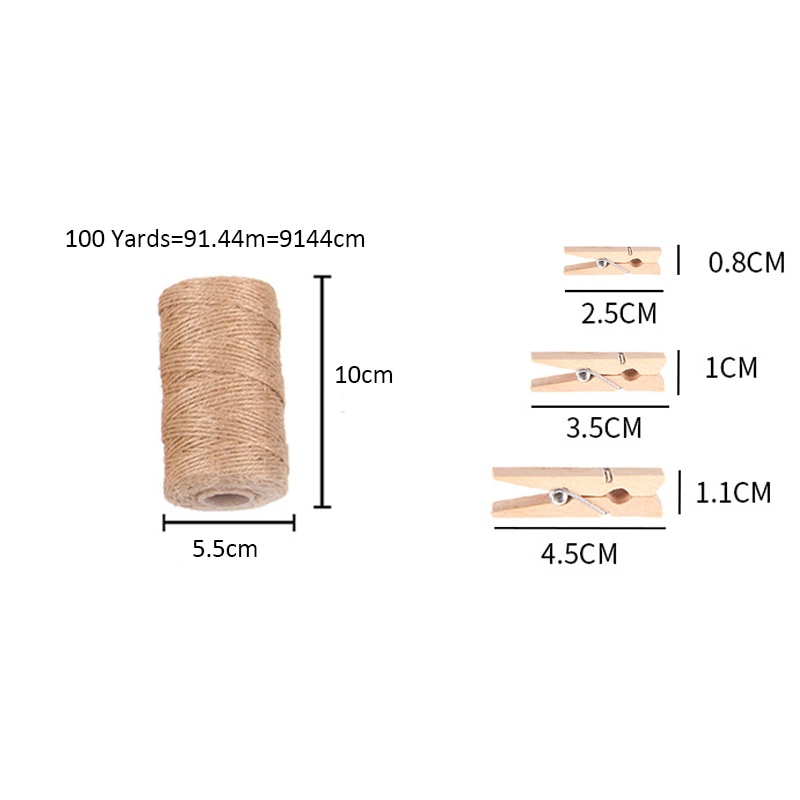 Pinza para fotos de madera de 100 Uds., pinza de madera decorativa, cuerda de cáñamo de 100 yardas, pinzas para ropa de almacenamiento para el hogar, pinzas decorativas