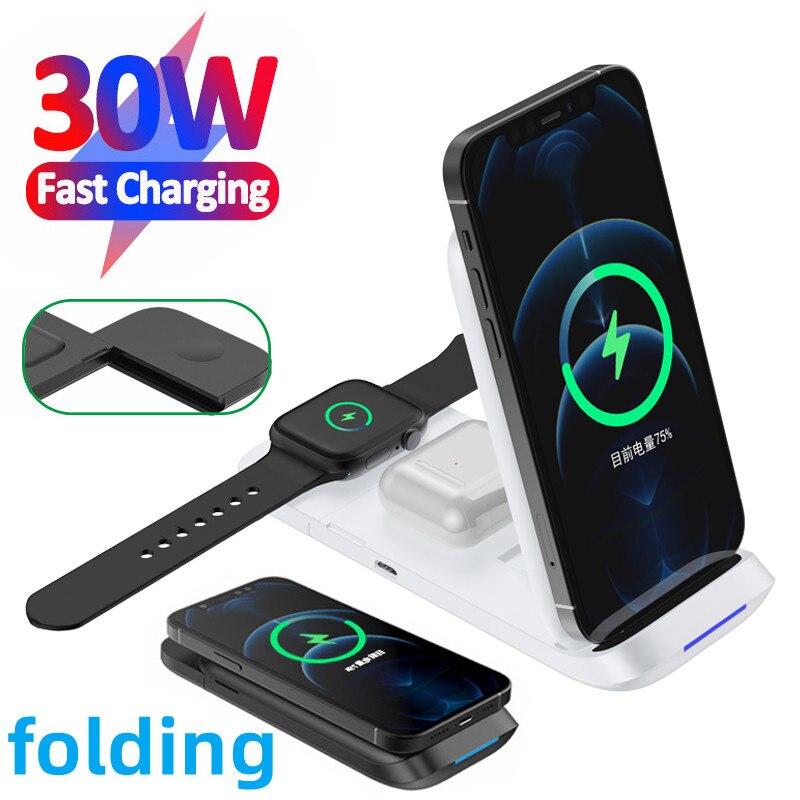 Chargeur sans fil pliable 30W 3 en 1, support pour iPhone 13 11 12 X Pro Max, chargeurs sans fil portables pour Apple Watch/AirPod 3