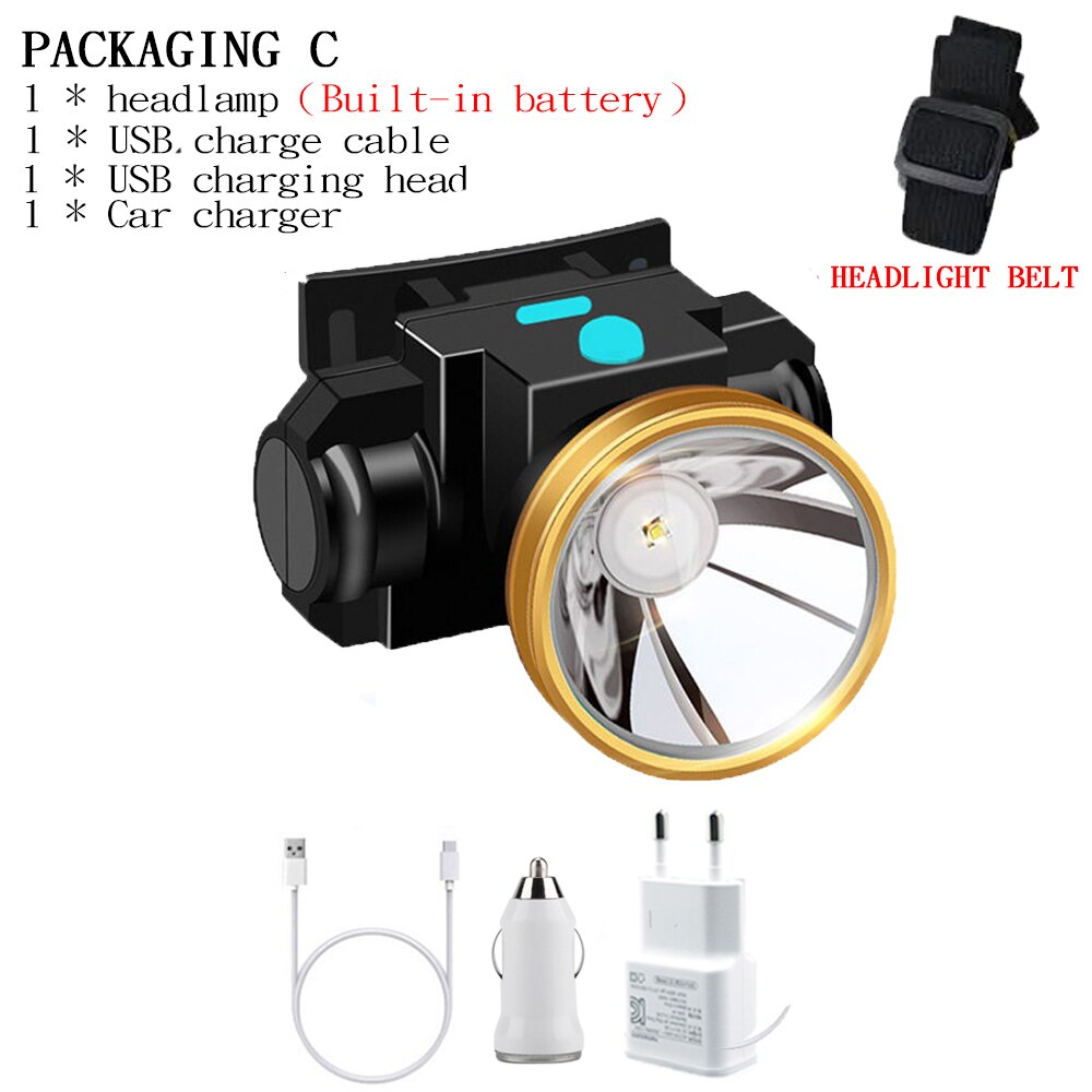 Mini højeffekt usb genopladelig forlygte 3 modes bærbar campinglys bygget -in 18650 batteri vandtæt forlygte: Pakke c / Au