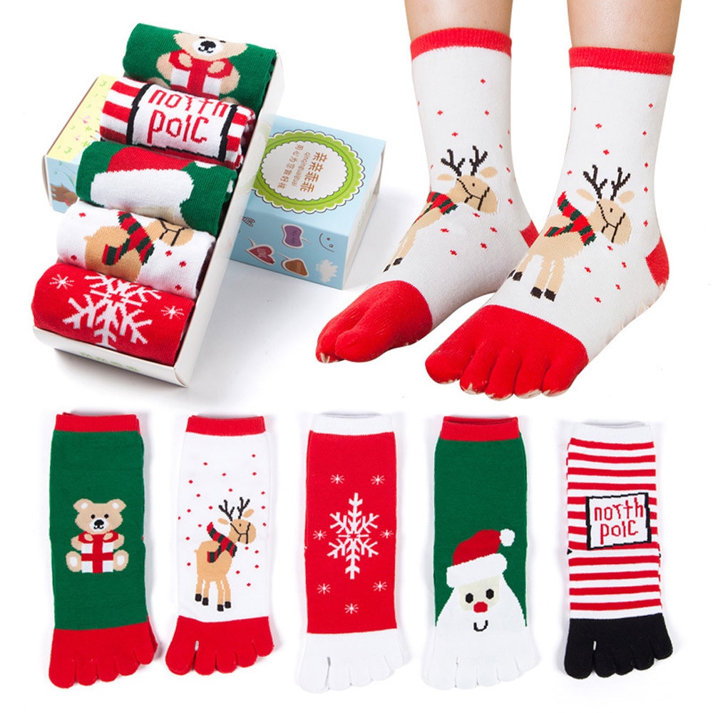 Women Christmas Sock Funny Cartoon Printed Toe Sock Cotton Winter Five Fingers Socks Casual Women Soft Socks #YL5