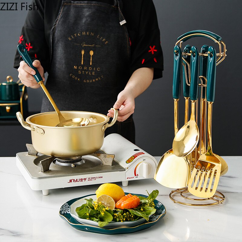 Nordic luxe roestvrijstalen lange spatel, schep, keukengereedschapset, antiaanbaklaag, handwok, schep, keramische handgreep, kookgerei