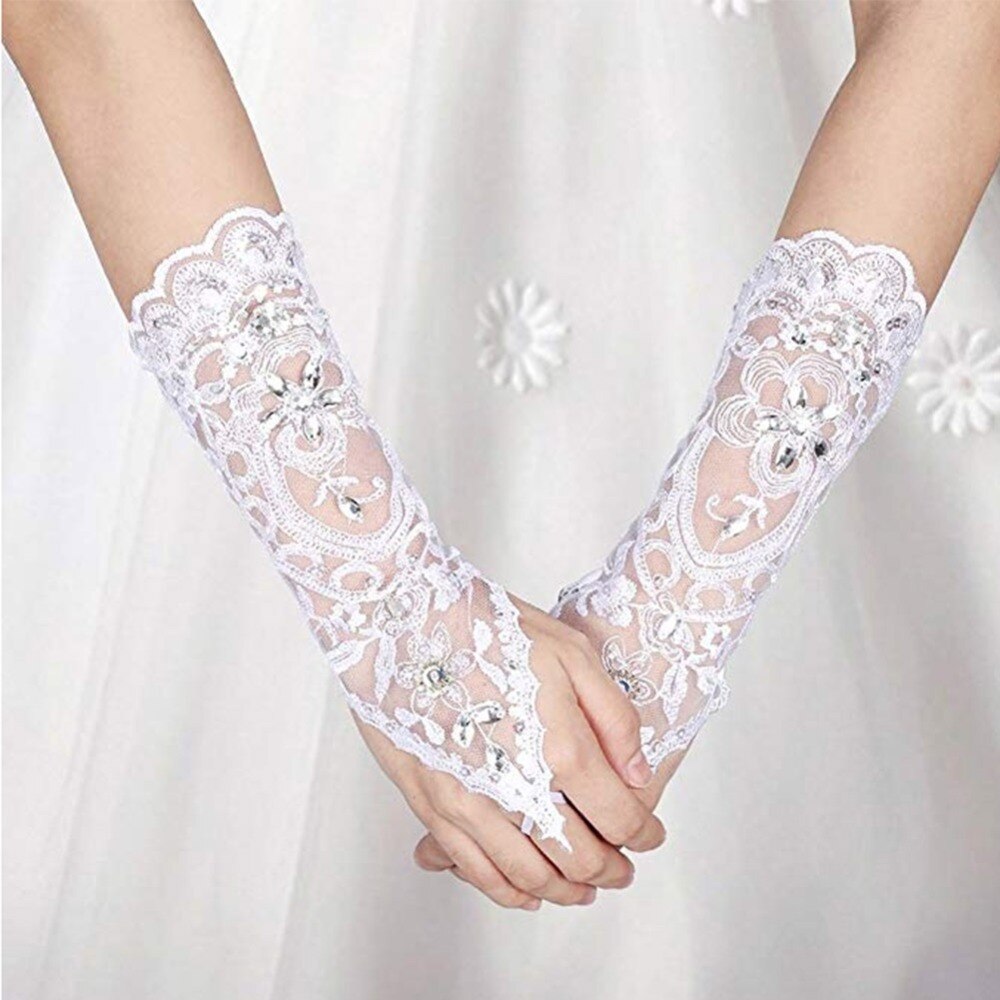 Gants de mariée courts en dentelle ivoire, sans doigts, strass blancs, paillettes, bon marché, accessoires de mariage, tendance