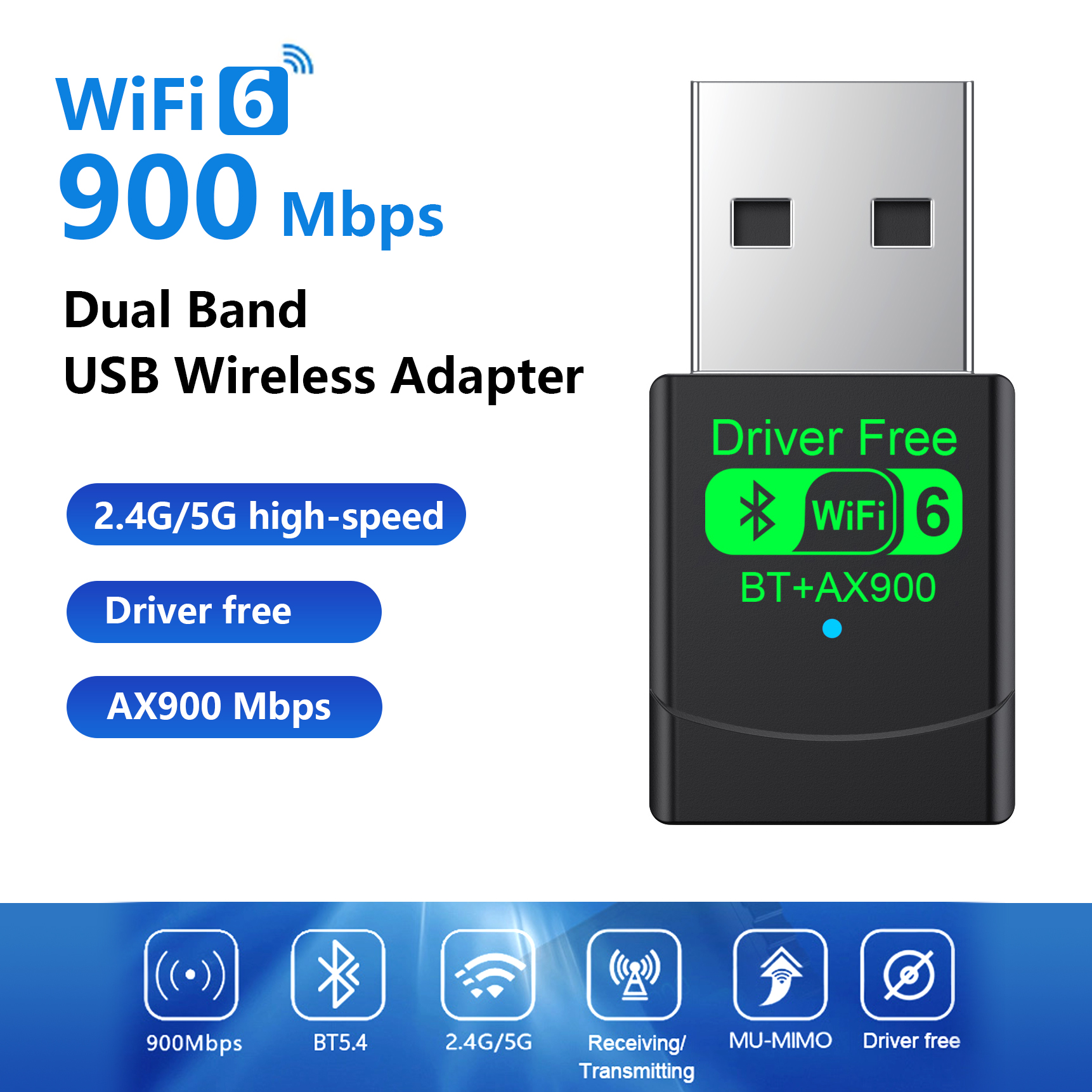 AX900 WiFi 6 Treiberfreie drahtlose Netzwerkkarte Bluetooth5.4 2-in-1-Adapter Computer USB-Empfänger Sender 2,4 G/5 GHz Dualband