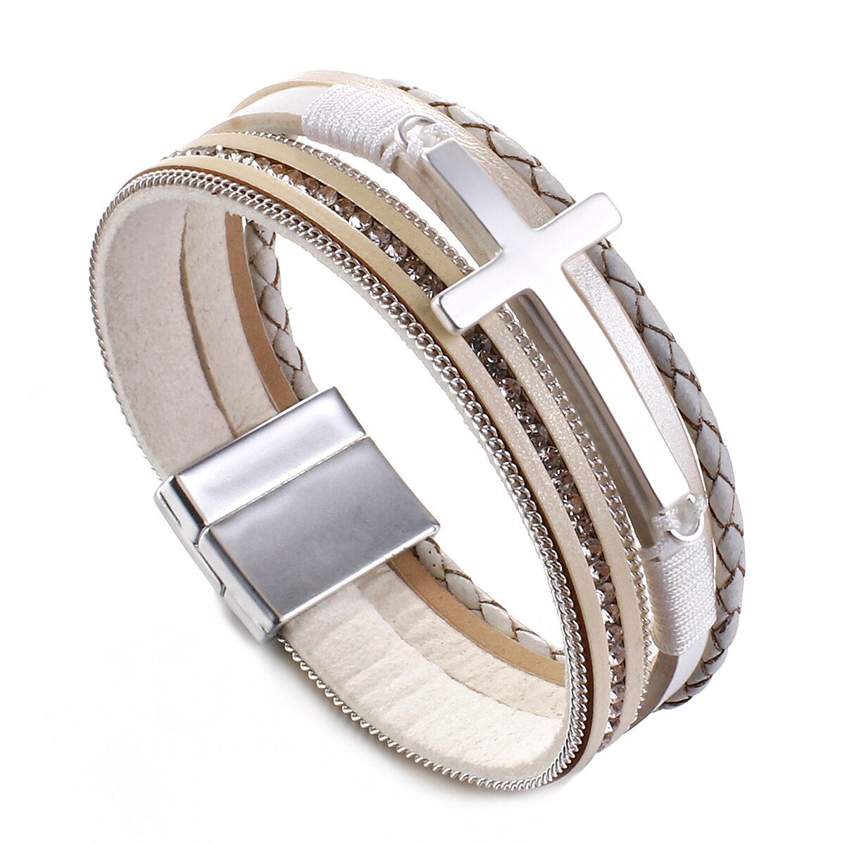 Amorcome Multilayer Cross Charm Leather Bracelets for Women Vintage Rhinestones Warp Bracelet Bangle Jewelry: White